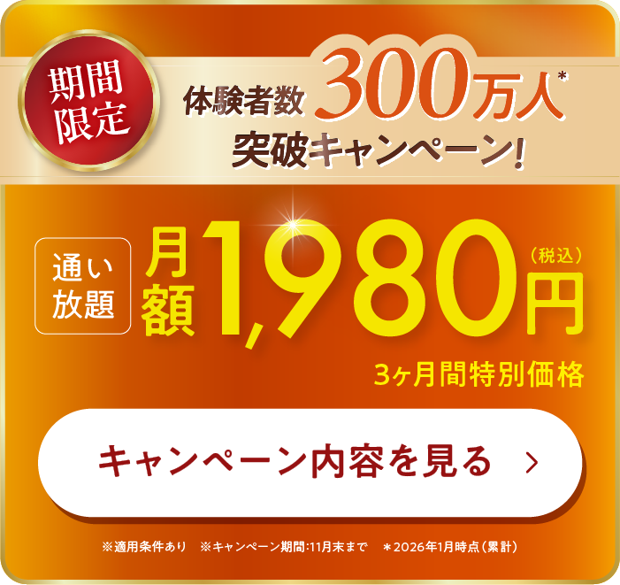 体験者数300万人突破キャンペーン!3ヶ月1,980円で通い放題